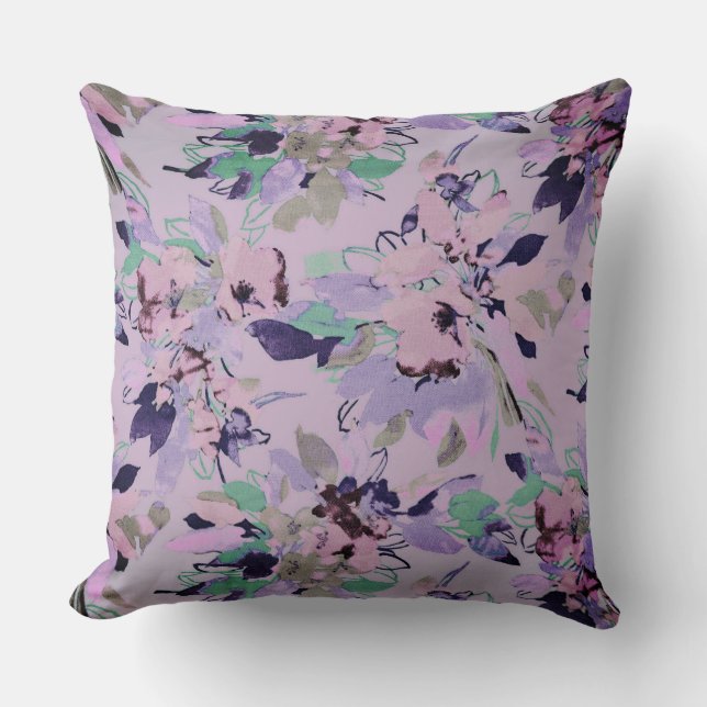 Lilac and Green Watercolor Floral Cushion (Front)