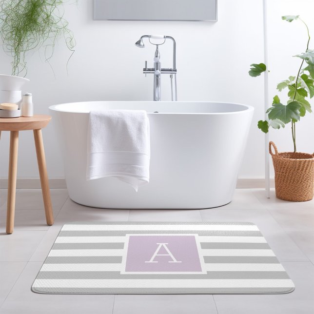 Lilac and Grey Stripes Monogram | Editable Colours Bath Mat (Creator Uploaded)