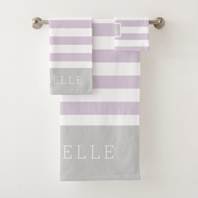 Lilac and Grey Stripes Monogram | Editable Colours Bath Towel Set (Insitu)
