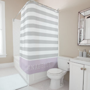 Lilac and Grey Stripes Monogram   Editable Colours Shower Curtain