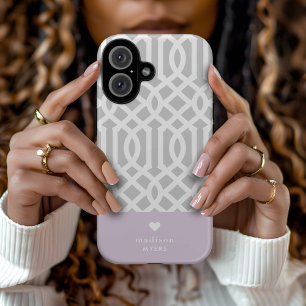 Lilac and Grey Trellis Heart Monogram iPhone 16 Case