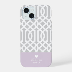 Lilac and Grey Trellis Heart Monogram iPhone 15 Case