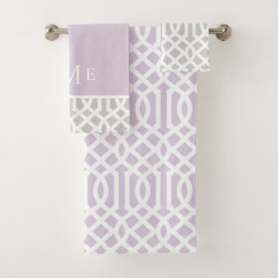 Lilac and Grey Trellis Monogram Editable Colours Bath Towel Set