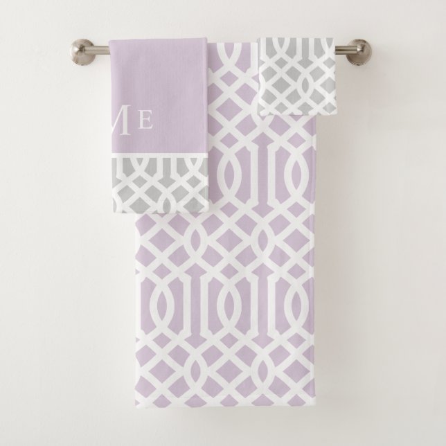 Lilac and Grey Trellis Monogram | Editable Colours Bath Towel Set (Insitu)
