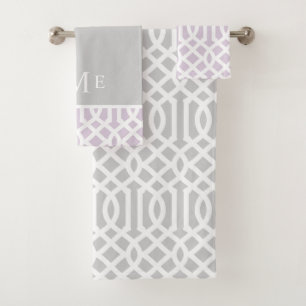 Lilac and Grey Trellis Monogram Editable Colours Bath Towel Set