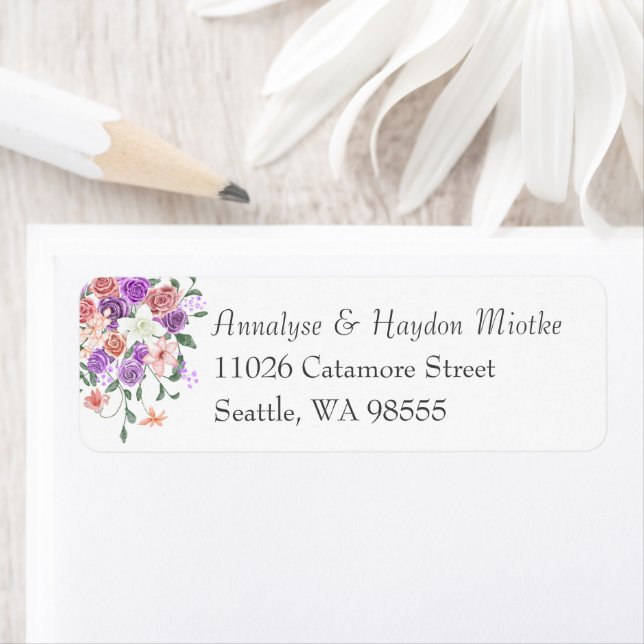 Lilac and Peach Rose Bouquet Wedding Address Label (Insitu)