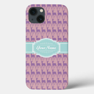 Lilac and Pink Deer, Mint Personalised Name iPhone 13 Case