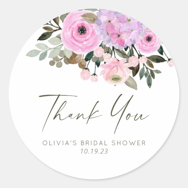 Lilac and Pink Floral Bouquet Bridal Shower Classic Round Sticker (Front)