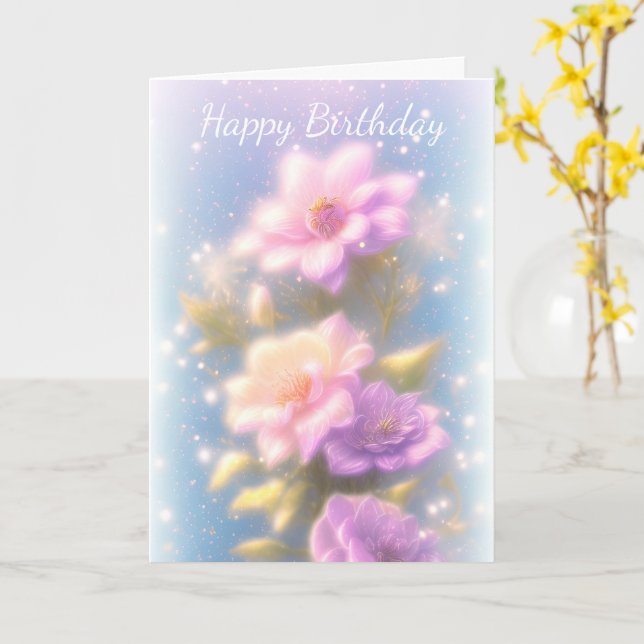 Lilac And Pink Flower Birthday Card (Yellow Flower)