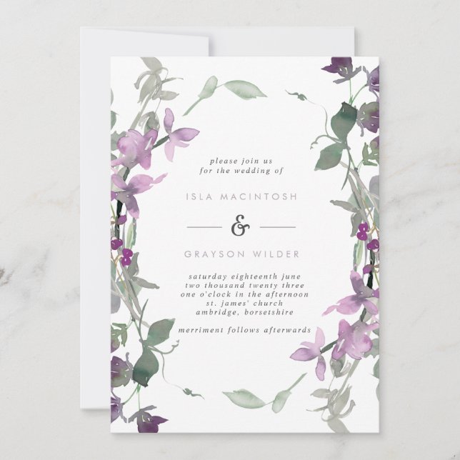 Lilac and Purple Floral Frame Wedding Invitation (Front)