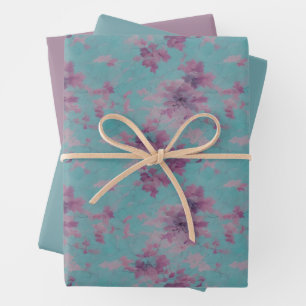 Lilac and Purple Flower Design on Blue Wrapping Paper Sheet