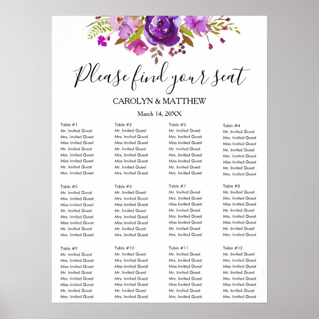 Lilac and Purple Watercolor Floral Seating Chart (Front)