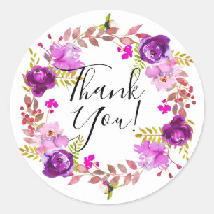 Lilac and Purple Watercolor Floral Thank You Classic Round Sticker