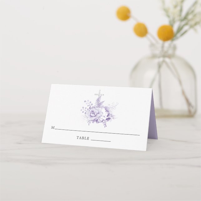 Lilac and Silver Floral Baptism or Christening Place Card (Front)