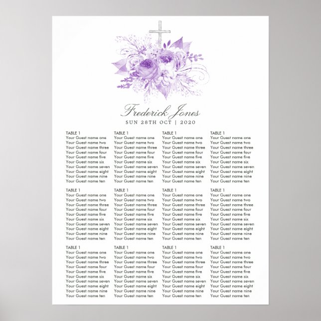 Lilac and Silver Floral Baptism or Christening Poster (Front)