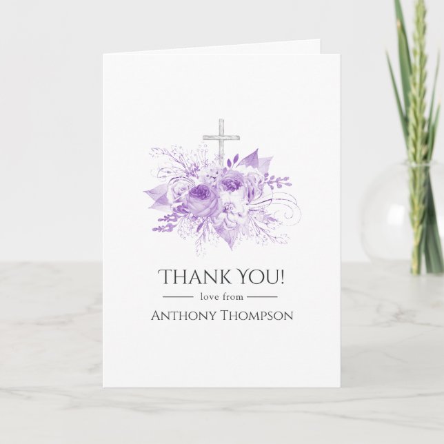 Lilac and Silver Floral Baptism or Christening Thank You Card (Front)