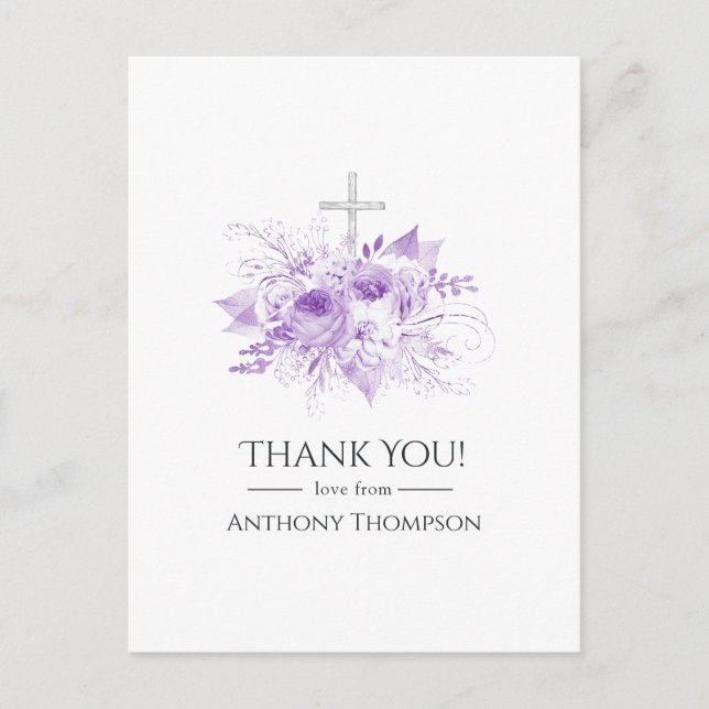 Lilac and Silver Floral Baptism Thank You Postcard (Front)