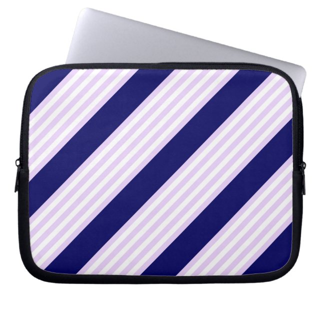 Lilac and white stripes pattern with navy blue laptop sleeve (Front)