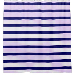 Lilac and white stripes pattern with navy blue shower curtain