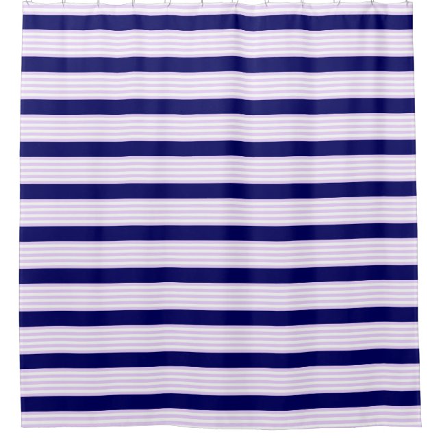 Lilac and white stripes pattern with navy blue shower curtain (Front)