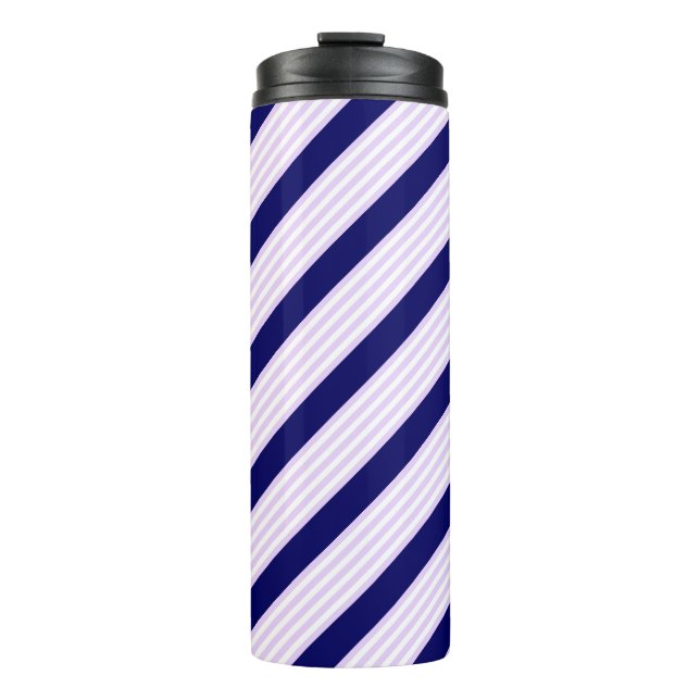 Lilac and white stripes pattern with navy blue thermal tumbler (Front)