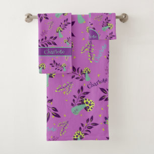 Lilac and Yellow Funny Mushrooms Pattern Baby Name Bath Towel Set