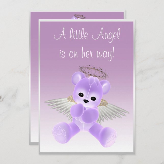 Lilac Angel Teddy Bear Baby Shower Invitation (Front/Back)