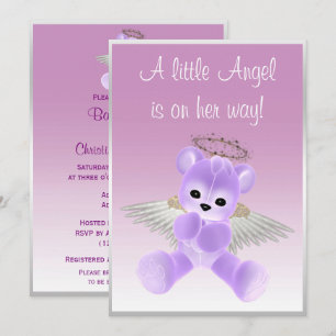Lilac Angel Teddy Bear Baby Shower Invitation