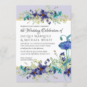 Lilac Aqua Blue Watercolor Poppy Floral Wedding Invitation
