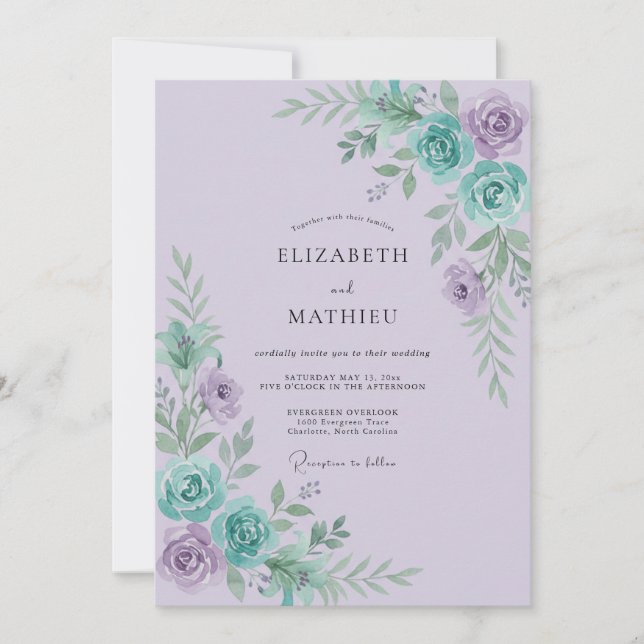 Lilac Aqua Ranunculus Sage Wedding Invitation (Front)