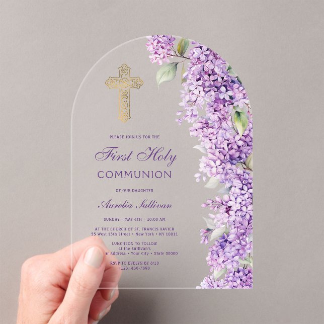 Lilac Arch First Communion Acrylic Invitations (Insitu (Handheld))