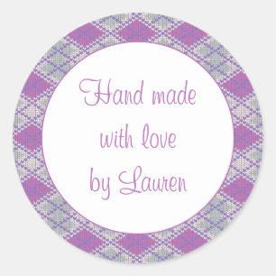 LILAC ARGYLE KNIT 3" Round "Hand Made" Stickers