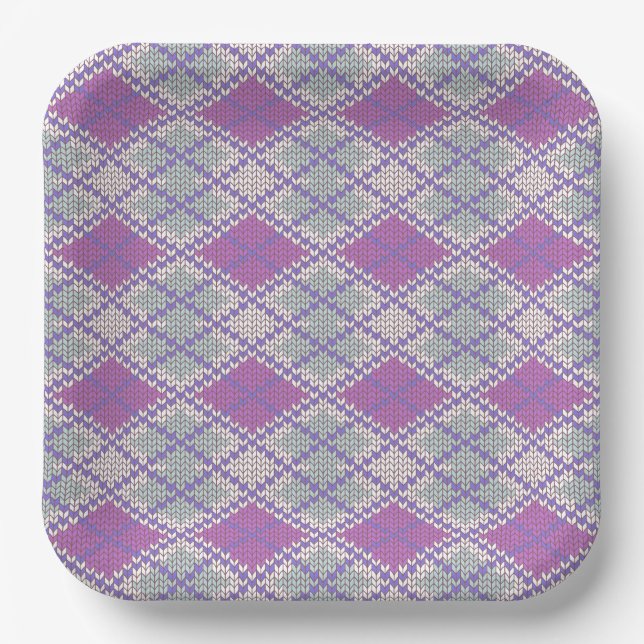 LILAC ARGYLE KNIT 9" Square Paper Plates (Front)