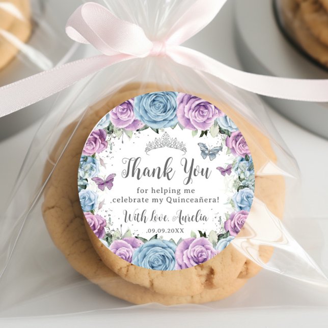 Lilac Baby Blue Floral Butterflies Quinceañera Classic Round Sticker (purple lilac baby blue roses butterflies silver crown quinceanera sweet 16 birthday round labels)