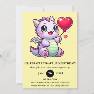 Lilac Baby Dragon with Heart Balloon Birthday Invitation