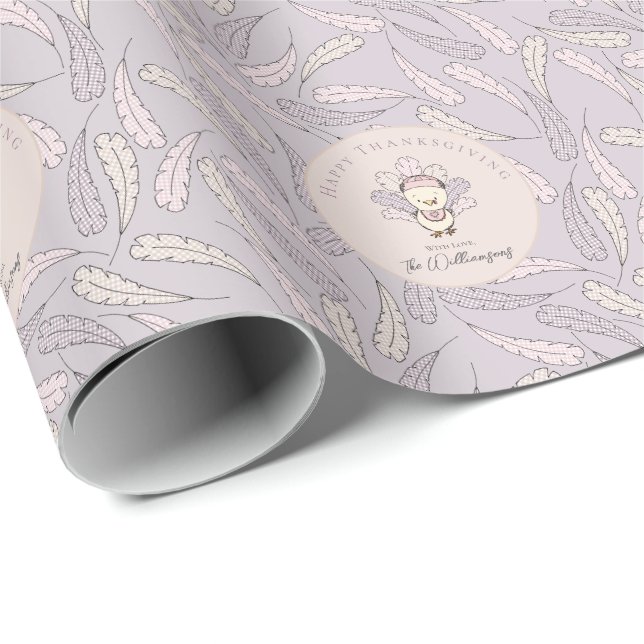 Lilac Baby Girl Turkey & Feathers Thanksgiving Wrapping Paper (Roll Corner)