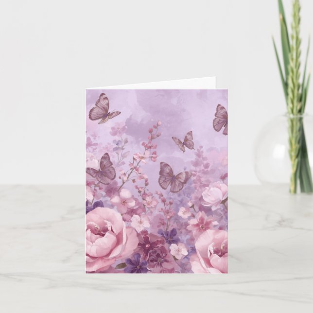Lilac Background, flowers & Butterflies Blank Card (Front)