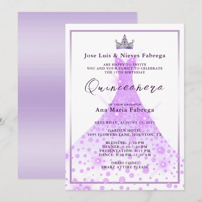 Lilac Ball Gown & Tiara Quinceañera Birthday  Invitation (Front/Back)