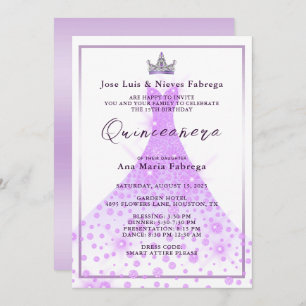 Lilac Ball Gown & Tiara Quinceañera Birthday  Invitation