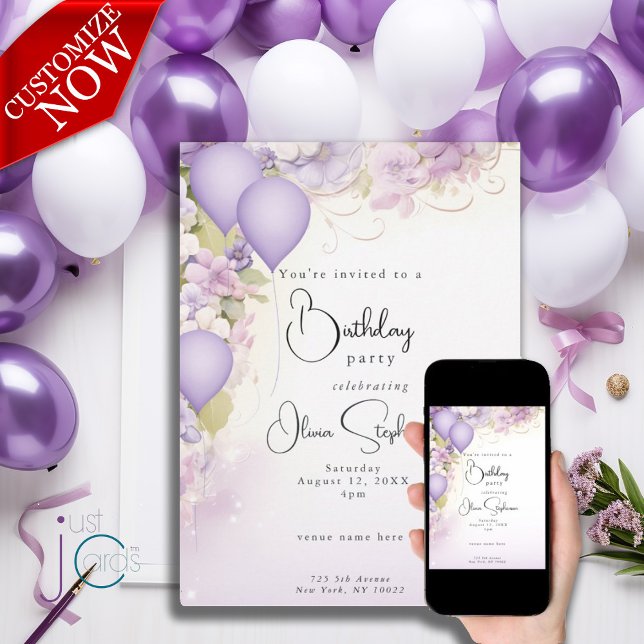 Lilac Balloons and Flowers QR Birthday  Invitation (text is easily customized )
