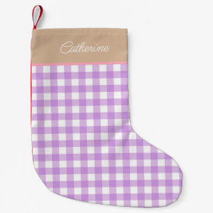 Lilac Beige Personalised Name Gingham Small Christmas Stocking