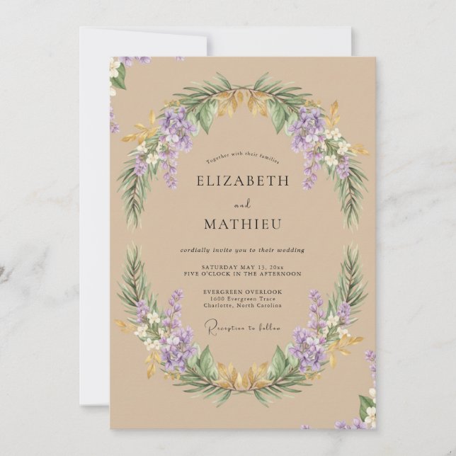 Lilac Beige Wreath Wedding Invitation (Front)