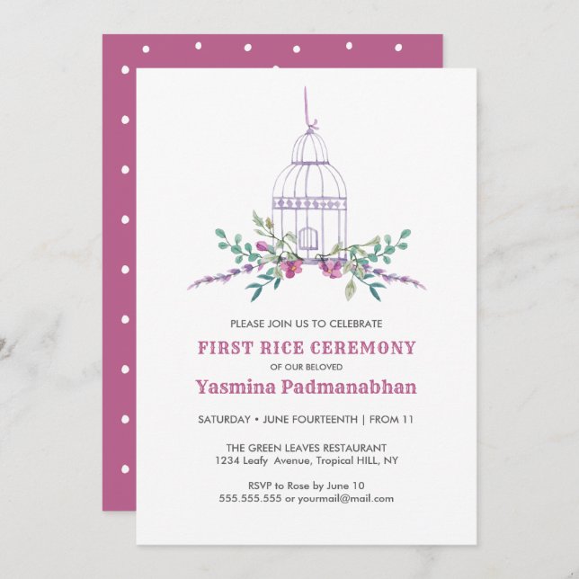 Lilac Bird Cage First Rice Annaprashan Invitation (Front/Back)