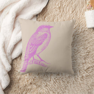 Lilac Bird Illustration Tan Throw Pillow