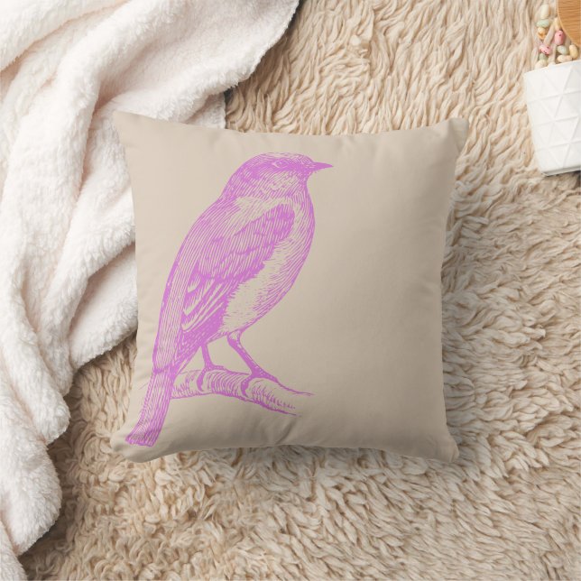 Lilac Bird Illustration Tan Throw Pillow (Blanket)
