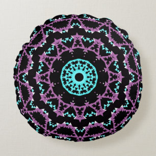 Lilac, black and turquoise mandala. round cushion