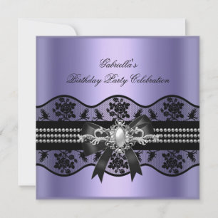 Lilac Black Lace Pearl Elegant Birthday Party Invitation