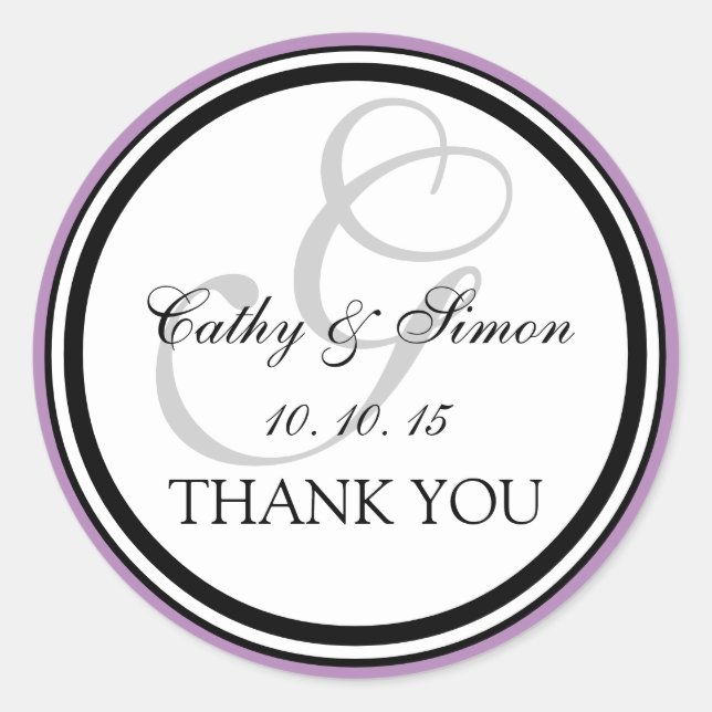 Lilac Black Monogram G Wedding Thank You Classic Round Sticker (Front)