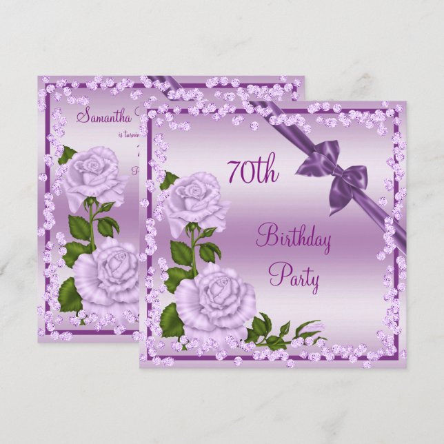 Lilac Blossom, Bows & Diamonds 70th Birthday Invitation (Front/Back)