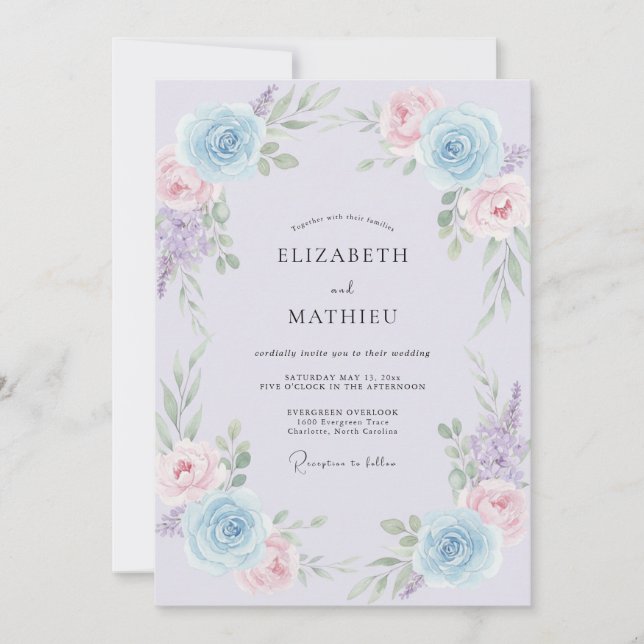 Lilac Blue Blossom Romance Wedding Invitation (Front)